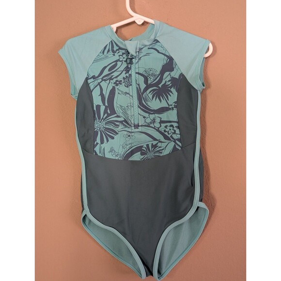 Athleta Girl Short Sleeve One Piece Rashguard Swimsuit Aqua Tropical, Small Sz 6 - Picture 1 of 5